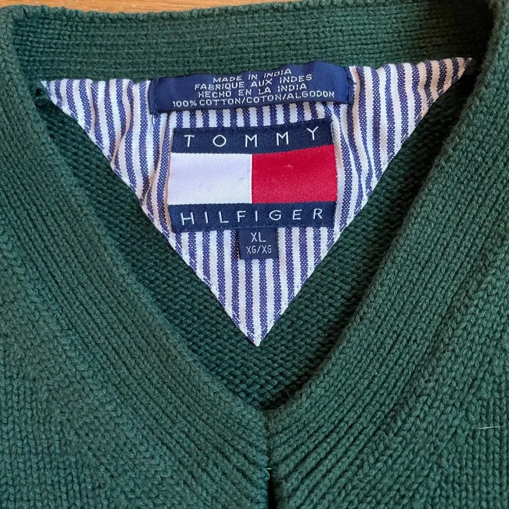 Vintage Tommy Hilfiger V-Neck Sweater Forest Green 100% Cotton Size XL